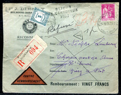 Taxe De Mulhouse Sur Enveloppe En Recommandé Contre Remboursement En 1934 Pour La Hte Savoie Et Retour ( Refusé) - A 13 - 1859-1959 Storia Postale