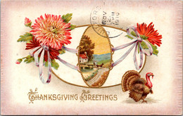 Thanksgiving Greetings With Turkey And Flowers 1910 - Thanksgiving