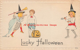 344539-Halloween, Nash No 8A-1, Two Girls Dressed As Witches Approaching Boy With JOL - Halloween