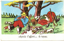 Illustrateur : J. De Preissac : Humour : Chasse : Après L'effort.... Le Repos : Chasseurs, Chien Et Lièvre - Preissac