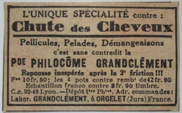 PUB 1933 LABORATOIRES GRANDCLEMENT A ORGELET JURA CONTRE LA CHUTE DES CHEVEUX - Orgelet