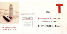 TARN - Dépt N° 81 = CASTRES 1978 = CORRESPONDANCE REPONSE T Illustrée SHAMPOING ORTIE BLANCHE ' LABORATOIRES KLORANE ' - Karten/Antwortumschläge T