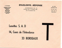 GIRONDE - Dépt N° 33 = BORDEAUX 1967 = ENVELOPPE REPONSE T ' LUNETTES S.A.D.' - Karten/Antwortumschläge T