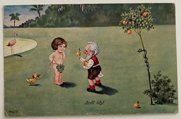 DWARFS ZWERG GNOME, SIGNED W. SCHEUERMANN, MAY I?,  SOLL ICH ?, OLD POSTCARD - Scheuermann, Willi