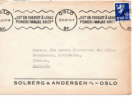 60645 - Norwegen - 1948 - 40o. Wappen EF A Bf OSLO - DET ER FORBUDT ... -> Grossbritannien - Briefe U. Dokumente