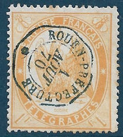 France Télégraphe N°7a Orange Clair Oblitéré Cachet Bleu Rouen Préfecture. Cote 22€ - Telegraph And Telephone