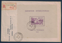 GUYANE - BLOC EXPOSITION INTERNATIONALE ARTS ET TECHNIQUES 1938 SEUL SUR LETTRE RECOMMANDÉ De CAYENNE Pr LA FRANCE - Lettres & Documents