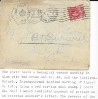 Canada Censored On Faulty War Tax Stamp 1916 Oversea Soldier Post Tillsonburg And Port Burwell Cancels Back - War Tax