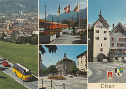 Postauto, Car Postal, Autobus, Saurer; Rhätische Bahn Zug, Train; Chur - Coire