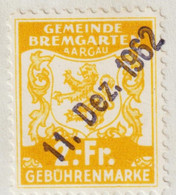 CH Heimat AG Bremgarten 1962-12-11 Fiskalmarke 2 Fr. Auf Briefstück - Steuermarken