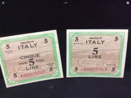 Italia  AMGOT Occupazione Americane In Italia Due Banconote  Da Lire Cinque FDS - Ocupación Aliados Segunda Guerra Mundial