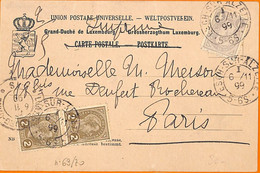 99354 - LUXEMBOURG - Postal History  - 5 Cent Rate On POSTCARD  To FRANCE 1899 - Autres & Non Classés