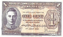 MALAYSIA MALAYA BRITISH 1 CENT BROWN  KGVI FRONT UNIFACE  DATED 01-07-1941 VF+ P6 READ DESCRIPTION!! - Maleisië