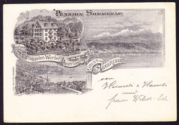 1900 Gelaufene Litho AK: Gruss Vom Ägerisee, Pension Sommerau. 3 Bildrig. Rückseitig Unfrische Stelle Oben Rechts - Risch-Rotkreuz