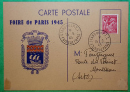 N°654 IRIS 2F40 ROSE CARTE POSTALE FOIRE DE PARIS STAND DES PTT 1945 POUR MONTESSON YVELINES LETTRE COVER FRANCE - 1939-44 Iris