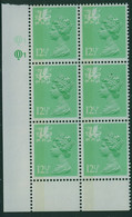 GB WALES 1984 Machin 12½p Light Emerald  SG W37a Litho Perf. 15x14 Side Band Cyl. Q1.1  Block Of 6  MNH Unmounted Mint - Ganze Bögen & Platten