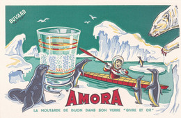 Buvard Publicitaire  - Moutarde AMORA Verre "givre Et Or" Banquise Ours Phoque Eskimau Pingouin Kayak - Mostard