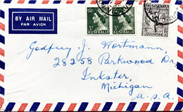 AUSTRALIA 1955, USED COVER TO MICHIGAN CITY USA, TB GREETING STRIP OF 3. LABEL DIFFERENT, QUEEN, GLOBE STAMP USED COVER - Brieven En Documenten