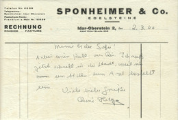 Idar-Oberstein Deko Rechnung 1946 " Sponheimer & Co Edelsteine " - Textile & Vestimentaire