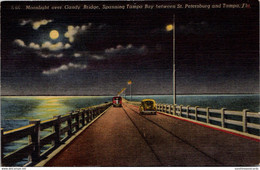 Florida Tampa Moonlight Over Gandy Bridge Spanning Tampa Bay 1954 Curteich - Tampa