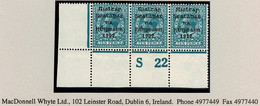 Ireland 1922 Thom Rialtas Blue-black Ovpt On 10d, Control S22 Perf, Corner Strip Of 3 Mint Unmounted - Neufs