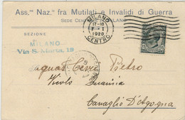 ASS.  NAZ. FRA    MUTILATI  ED  INVALIDI  DI  GUERRA  SEZ.  MILANO  1920      VIAGGIATA  PER  CAVAGLIO D' AGOGNA - Marcophilia (Zeppelin)