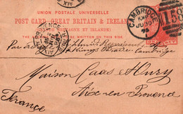 CP POSTMARK Entier Postal Great Britain & Ireland R U& Irlande 30/06/1895 One Penny From CAMBRIDGE TO AIX EN PROVENCE - Cartas & Documentos
