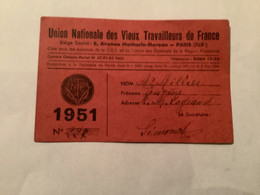 Carte Union Nationale Des Vieux Travailleurs De France 1951 - Cartes De Membre