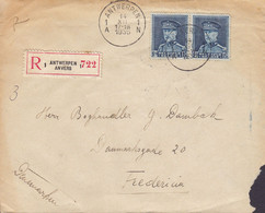 Belgium Registered Recommandée Label ANTWERPEN 1935 Cover Lettre Brotype FREDERICIA Denmark 2x Big Montenez - 1929-1941 Groot Montenez