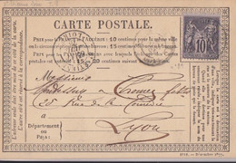 F CPO (2718 - Décembre 1877 T34) Obl. St Etienne Le 17 Juil 78 Sur 10c Noir Sur Lilas Sage N° 89 Pour Lyon - Precursor Cards