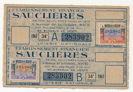 FRANCE - Loterie Nationale - 2 Billets A + B - Banque Sauclières - 34eme Tranche 1947 - Lottery Tickets