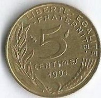 Pièce De Monnaie 5 Centimes Marianne 1991 - 5 Centimes