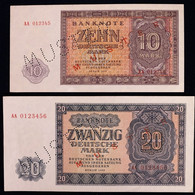 10 + 20 Deutsche Mark Berlin DDR 1955 | MUSTERNOTE | AA012345 + AA0123456 | DDR-12M1 + DDR-13M1 - Colecciones
