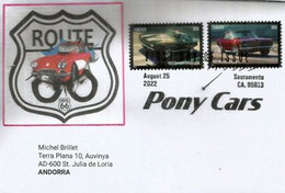 PONY CARS / ROUTE 66. Lettre FDC Sacramento 2022 (Chevrolet Camaro,Mercury Cougar),adressée Andorra - Lettres & Documents