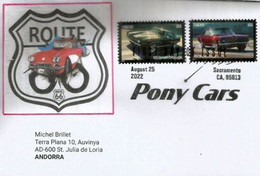 PONY CARS / ROUTE 66. Lettre FDC Sacramento 2022 (Chevrolet Camaro,Mercury Cougar),adressée Andorra - Covers & Documents