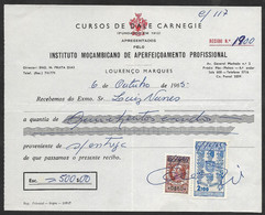 Mozambique Moçambique Portugal Reçu 1965 Cours Dale Carnegie Timbre Fiscal + Defesa Nacional Receipt W/ Revenue Stamp - Covers & Documents