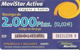 GSMAR-022/1 TARJETA RECARGA MOVISTAR ACTIVA 2000 PTAS 12,02 EUROS (NUMEROS PLASTIFICADOS) - Telefonica