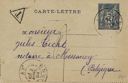 2503PR/ France Carte-Lettre 15c Obl.Ay (Marne) 1894 T > Messancy Belgique Taxée 2 C.Ambt BXL-Arlon 1 1894 + C.d'arrivée - Ambulante Stempels