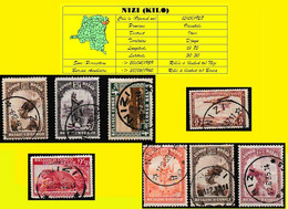 (°) BELGIAN CONGO / CONGO BELGE = NIZI CANCELATION STUDY 8 STAMPS - Variétés Et Curiosités