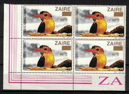 Zaire 1990, Birds, Vogel, Oiseau, Pájaro With Golden Overprint / Surcharge **, MNH, Block Of 4, Corner-Margin - Ungebraucht