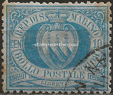 SM3aU - San Marino 1877/90, Sassone Nr. 3a, 10 Cent. Oltremare Chiaro - Gebraucht