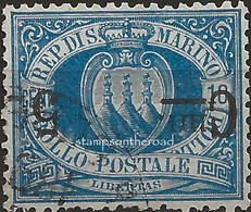 SM8aU - San Marino 1892, Sassone Nr. 8a, 5 Su 10 Cent. Azzurro - Varietà Firmata Dal Perito - Usados