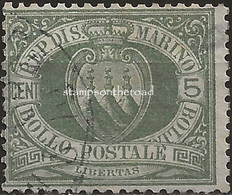 SM13aU - San Marino 1892/94, Sassone Nr. 13a, 5 Cent. Verde Oliva Grigiastro - Difettato - Gebruikt