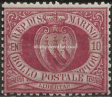 SM28N - San Marino 1894/99, Sassone Nr. 28, 10 Cent. Rosso Bruno, Francobollo Nuovo Senza Linguella - Unused Stamps