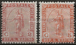 SM32-33N - San Marino 1899, Sassone Nr. 32-33, Serie Completa Di 2 Francobolli Nuovi Senza Linguella - Unused Stamps