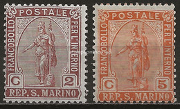 SM32-33L - San Marino 1899, Sassone Nr. 32-33, Serie Completa Di 2 Francobolli Nuovi Con Traccia Di Linguella - Ungebraucht