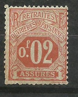 France  Sociaux Fiscaux Retraites Ouvrières Et Paysannes 1911   N°  3  "assurés  " Neuf *  B/TB Voir Scans  Soldé ! ! ! - Neufs