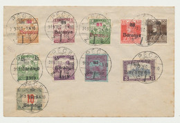 Hungary Serbia Baranya 1919 December - 10 Stamps Cancelled On Cover At Pecs, Turul, Karl, Harvesters - Local Post Stamps
