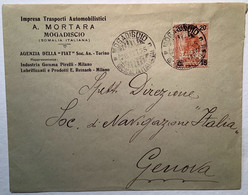 "MOGADISCIO SOMALIA ITALIANA 1925"  Sa.40 Cover (lettera Africa Orientale Lion Fiat Automobile Pirelli - Somalië