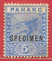 Malaisie Pahang N°7 5c Bleu (SPECIMEN) 1891-95 * - Pahang